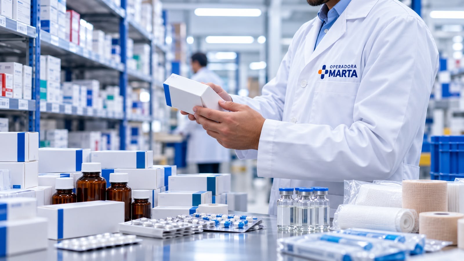 Farmacéutico revisando producto en almacén de Operadora Marta